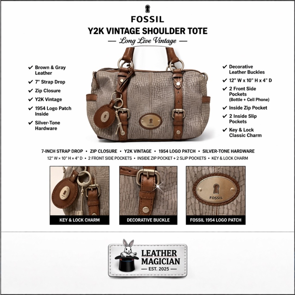 Fossil Y2K Vintage Croc Emb Gray/Brown Leather Shoulder Satchel